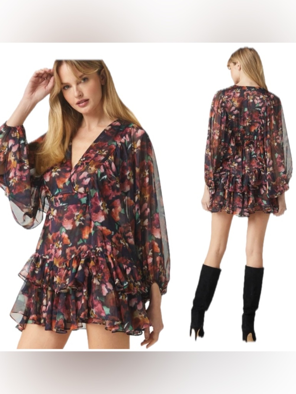 Misa Los Angeles Jolene Floral Long-Sleeve Chiffon Mini Dress NWT $410